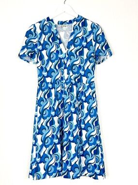 Boden Naomi abstract retro print cotton blend dress blue and white whimsy size 6